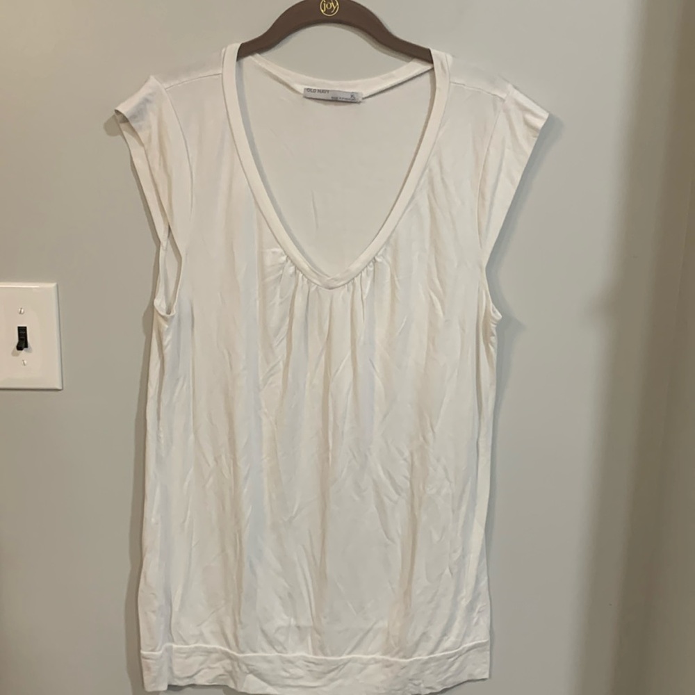 Old Navy Cap Sleeve Tee Gathered‎ Front Banded Hem White V-Neck Top Women's XL